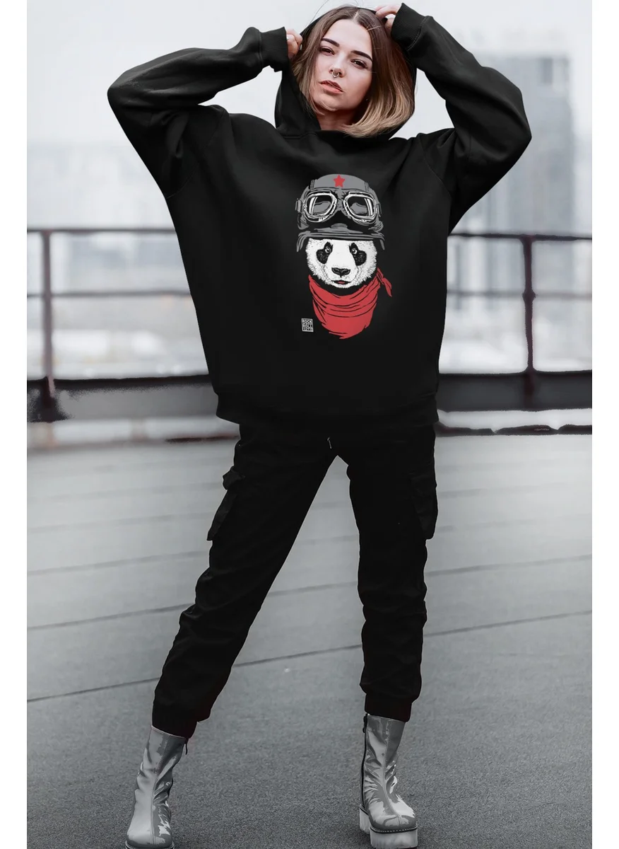 Rock&Roll Rock & Roll Bandana Panda Black Oversize Hooded Thick Women's Sweatshirt