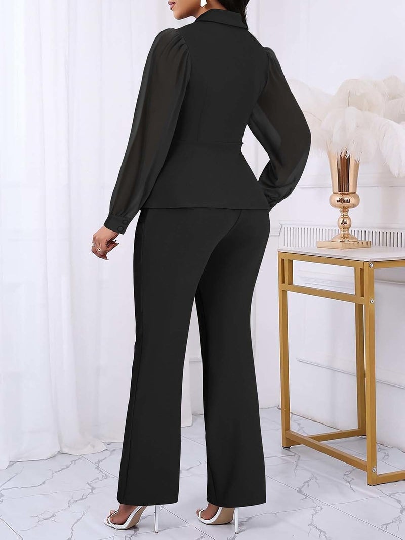 Annystore Pant Suits for Women Dressy Mesh Sheer Sleeve Ruffle Peplum Blazer Jackets Wide Leg Pants Blazer Pantsuit Sets Business Casual Work Outfit Black 2XL - Image 2