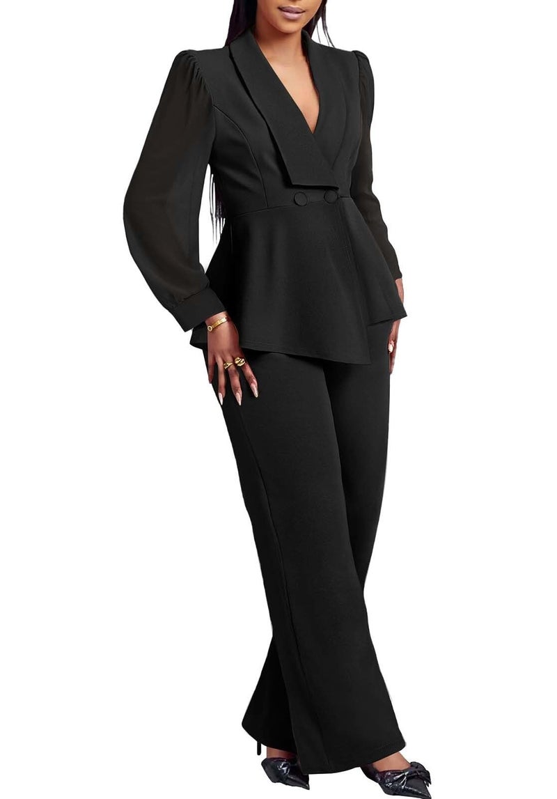 Annystore Pant Suits for Women Dressy Mesh Sheer Sleeve Ruffle Peplum Blazer Jackets Wide Leg Pants Blazer Pantsuit Sets Business Casual Work Outfit Black 2XL - Image 1