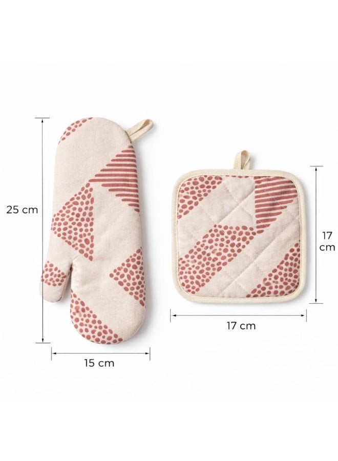 Heat Resistant Oven Mitt And Pot Holder Set 2 Pieces Cotton And Polyester Insulated Kitchen Oven Gloves With Quilted Padding 25 x 15 cm Mitt 17 x 17 cm Pot Holder (Red) - Image 3