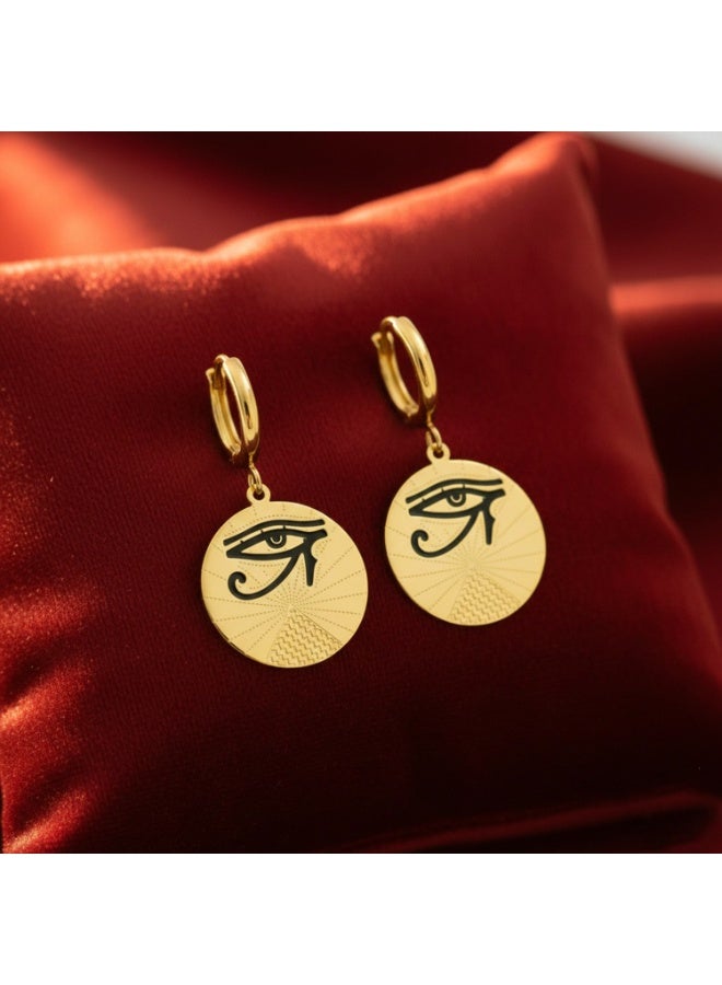 جوليا ستور أقراط عتيقة مطلية بالذهب عيار 18 قيراطًا، بتصميم عين حورس المصرية القديمة، أقراط أنيقة وجميلة للنساء، مصنوعة من الفولاذ المقاوم للصدأ الصلب، تميمة حظ وحماية، هدية مجوهرات S2 - Image 2