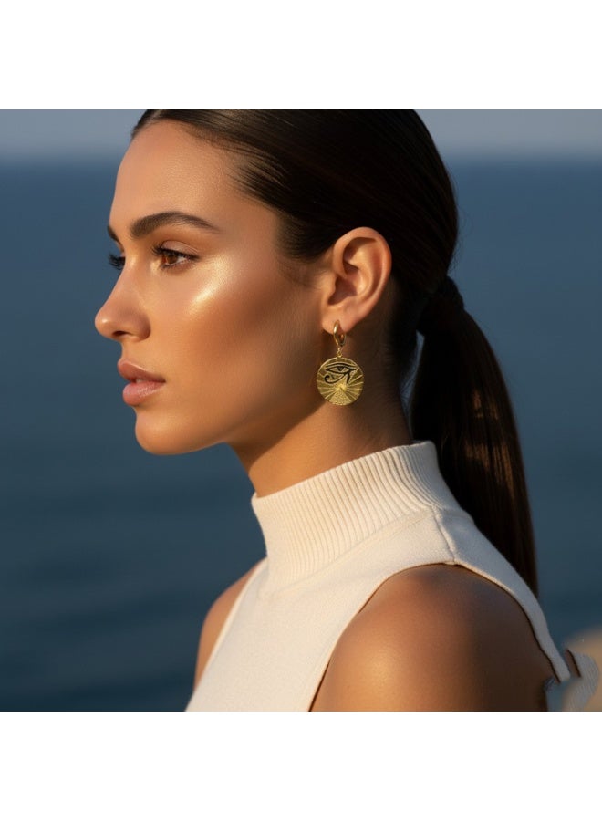 جوليا ستور أقراط عتيقة مطلية بالذهب عيار 18 قيراطًا، بتصميم عين حورس المصرية القديمة، أقراط أنيقة وجميلة للنساء، مصنوعة من الفولاذ المقاوم للصدأ الصلب، تميمة حظ وحماية، هدية مجوهرات S2 - Image 4