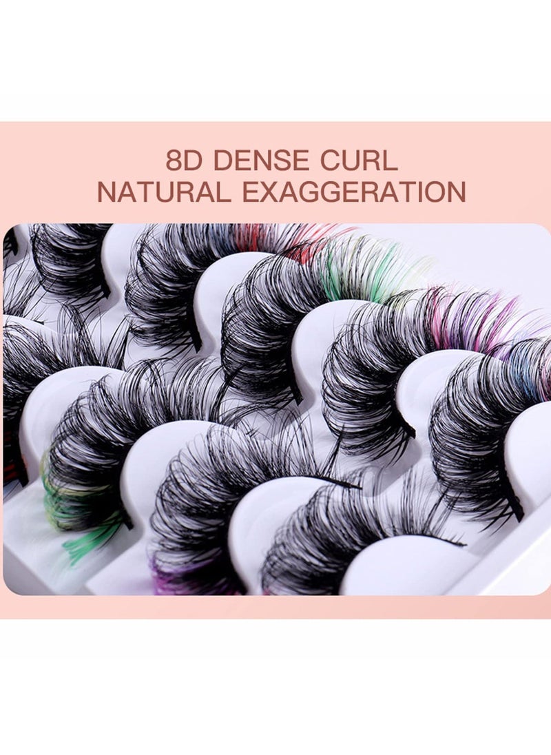 7 Pairs Colored Eyelashes Mink Lashes With Color on End, Fluffy Colorful Lash Clusters, Dramatic Long Thick Cat Fox Eye Lashes Full Curly False Eyelash, 3D Curl Salon Extensions Strip Set
