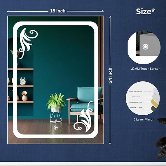 TINITALO Quality Glass Rectangular LED Mirror for Bathroon with Back Light Imported Touch Sensor + Dimmer + White Light + Coold Day Light + Warm Light Total 3 Light Brightness Adjustable LED 311 - Image 3