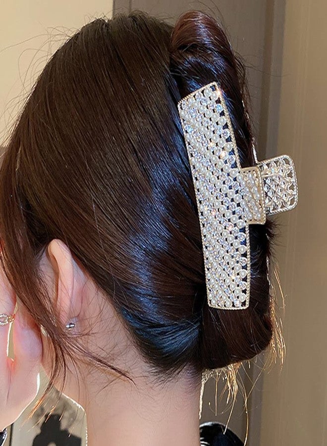 Jumwrit Large Pearl Hair Claw Clip Rhinestone Hair Jaw Clip Strong Hold Metal Hair Clamp Fashion Rectangle Hair Claw for Women Girls (Gold) - Image 2