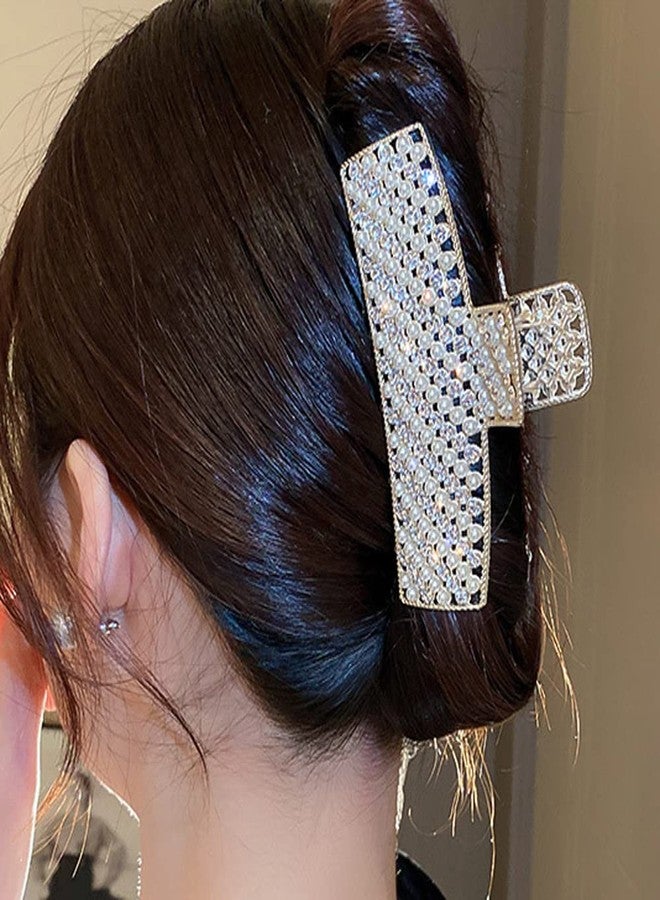 Jumwrit Large Pearl Hair Claw Clip Rhinestone Hair Jaw Clip Strong Hold Metal Hair Clamp Fashion Rectangle Hair Claw for Women Girls (Gold) - Image 1