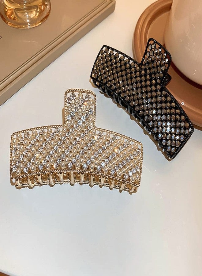 Jumwrit Large Pearl Hair Claw Clip Rhinestone Hair Jaw Clip Strong Hold Metal Hair Clamp Fashion Rectangle Hair Claw for Women Girls (Gold) - Image 5