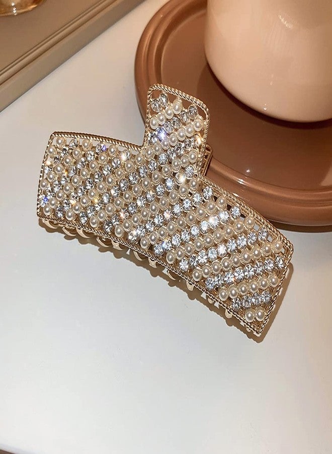 Jumwrit Large Pearl Hair Claw Clip Rhinestone Hair Jaw Clip Strong Hold Metal Hair Clamp Fashion Rectangle Hair Claw for Women Girls (Gold) - Image 4