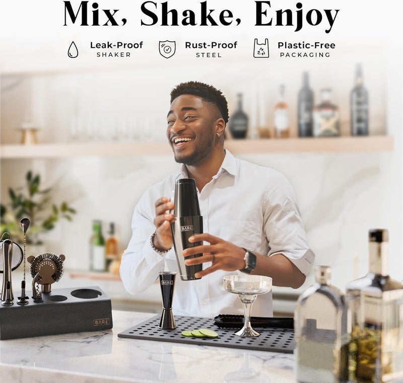 Bare Barrel ® Mixology Bartender Kit Bar Set | 14-Piece Cocktail Shaker Set | Martini Barware Mixing Tools for Home Bartending | Incl. 35 Recipe Cards | Gift Set (28oz Boston Shaker, Jet Black/Black) - Image 3
