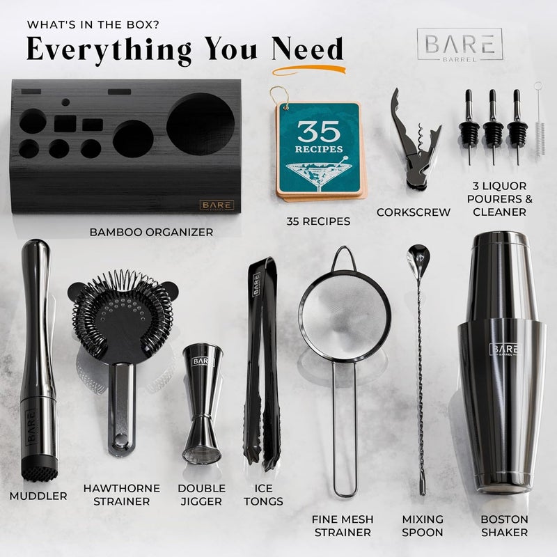 Bare Barrel ® Mixology Bartender Kit Bar Set | 14-Piece Cocktail Shaker Set | Martini Barware Mixing Tools for Home Bartending | Incl. 35 Recipe Cards | Gift Set (28oz Boston Shaker, Jet Black/Black) - Image 4