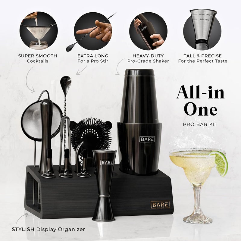 Bare Barrel ® Mixology Bartender Kit Bar Set | 14-Piece Cocktail Shaker Set | Martini Barware Mixing Tools for Home Bartending | Incl. 35 Recipe Cards | Gift Set (28oz Boston Shaker, Jet Black/Black) - Image 2
