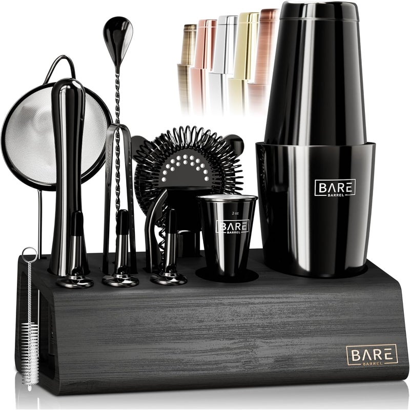 Bare Barrel ® Mixology Bartender Kit Bar Set | 14-Piece Cocktail Shaker Set | Martini Barware Mixing Tools for Home Bartending | Incl. 35 Recipe Cards | Gift Set (28oz Boston Shaker, Jet Black/Black) - Image 1