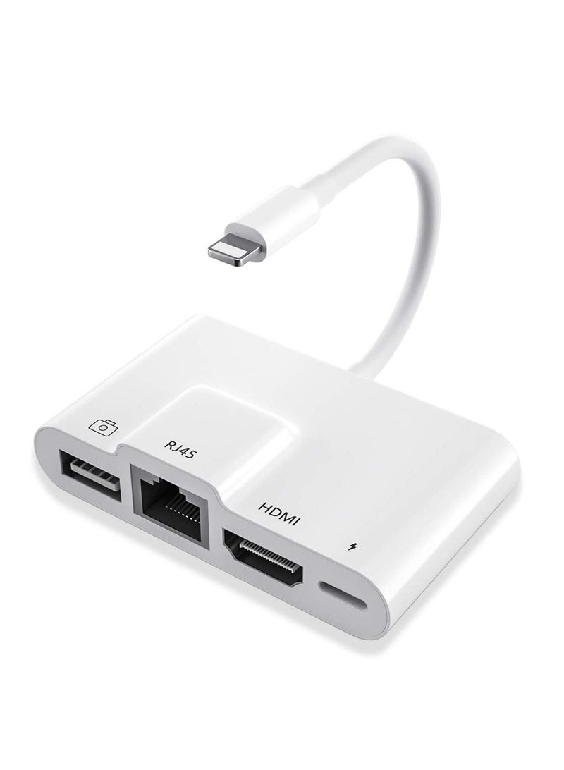 KASTWAVE RJ45 Ethernet Adapter, 4 in 1 Lightning to HDMI Adapter, 1080P HD Network LAN Wired Adapter, USB Data Sync Charging Card Reader Compatible with iPhone - Image 1