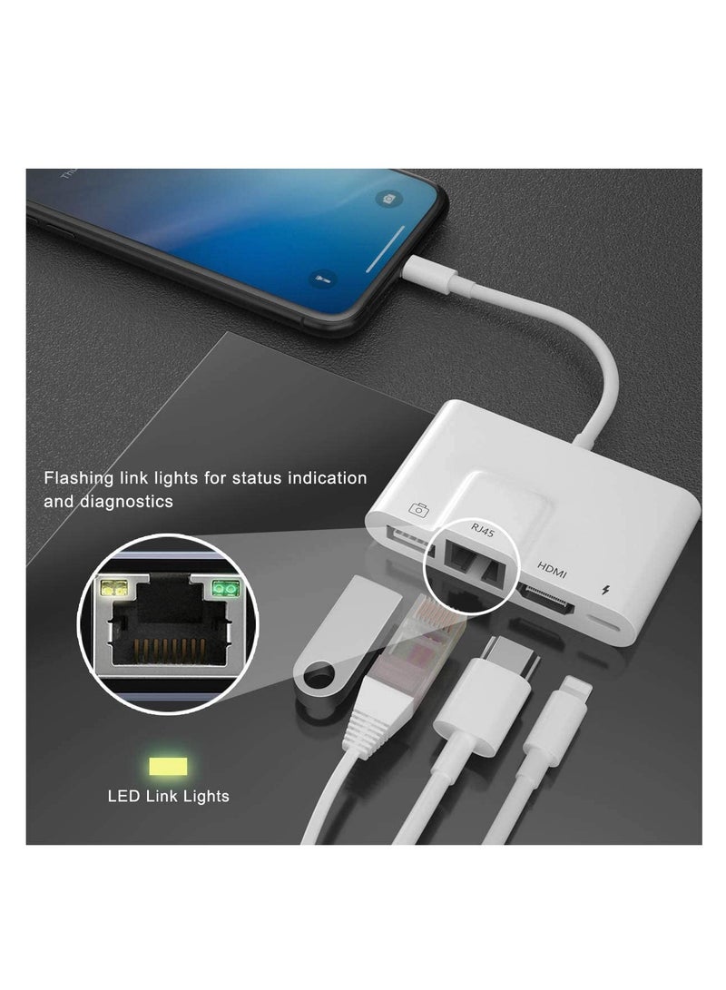 KASTWAVE RJ45 Ethernet Adapter, 4 in 1 Lightning to HDMI Adapter, 1080P HD Network LAN Wired Adapter, USB Data Sync Charging Card Reader Compatible with iPhone - Image 3
