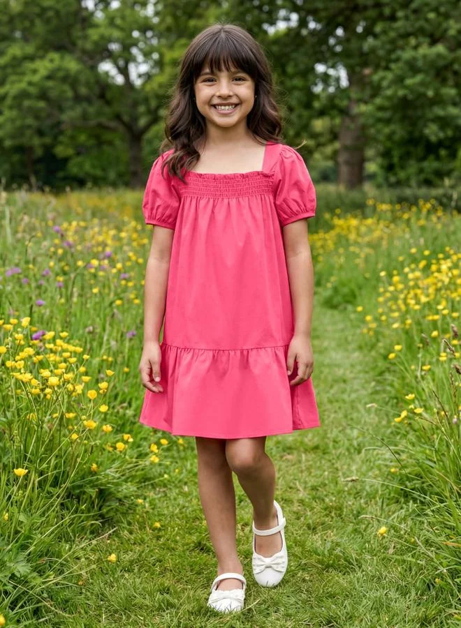 جلو باص Globus Girls Pink Square Neck Smocked Detail Puffed Sleeves Fit & Flared Tiered Mini Dress
