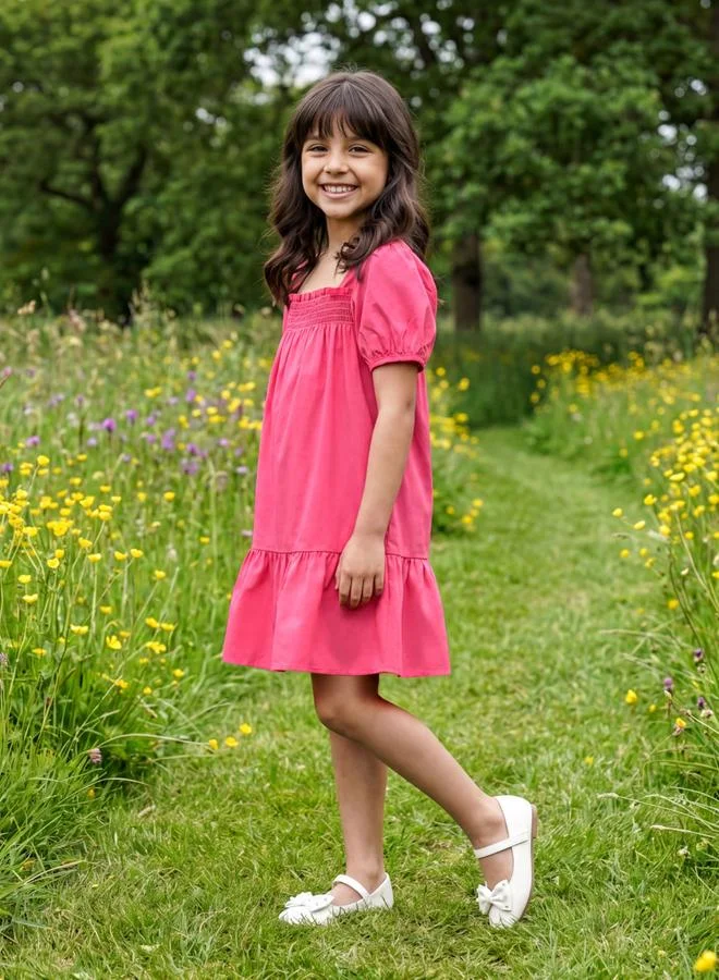 جلو باص Globus Girls Pink Square Neck Smocked Detail Puffed Sleeves Fit & Flared Tiered Mini Dress