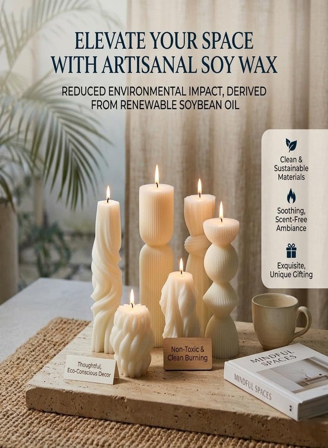 NATCENSE 6 Pcs Small Handmade Ribbed Pillar Candle Set, Soy Wax Modern Home Decor for Living Room Bedroom, Aesthetic Table & Shelf Decor, Perfect Housewarming Gift (White, Small) - Image 4