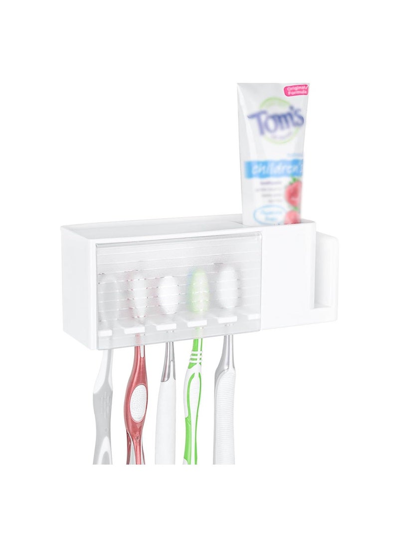Captaintech Wallmount Toothbrush Holder, 5 Slots with Cover, Plastic Multifunctional Toothpaste Toothbrush Organizer, Compatible with Oral-B Cross Action, Colgate Renewal, for Shower, RV, Camper(White)  - Image 1