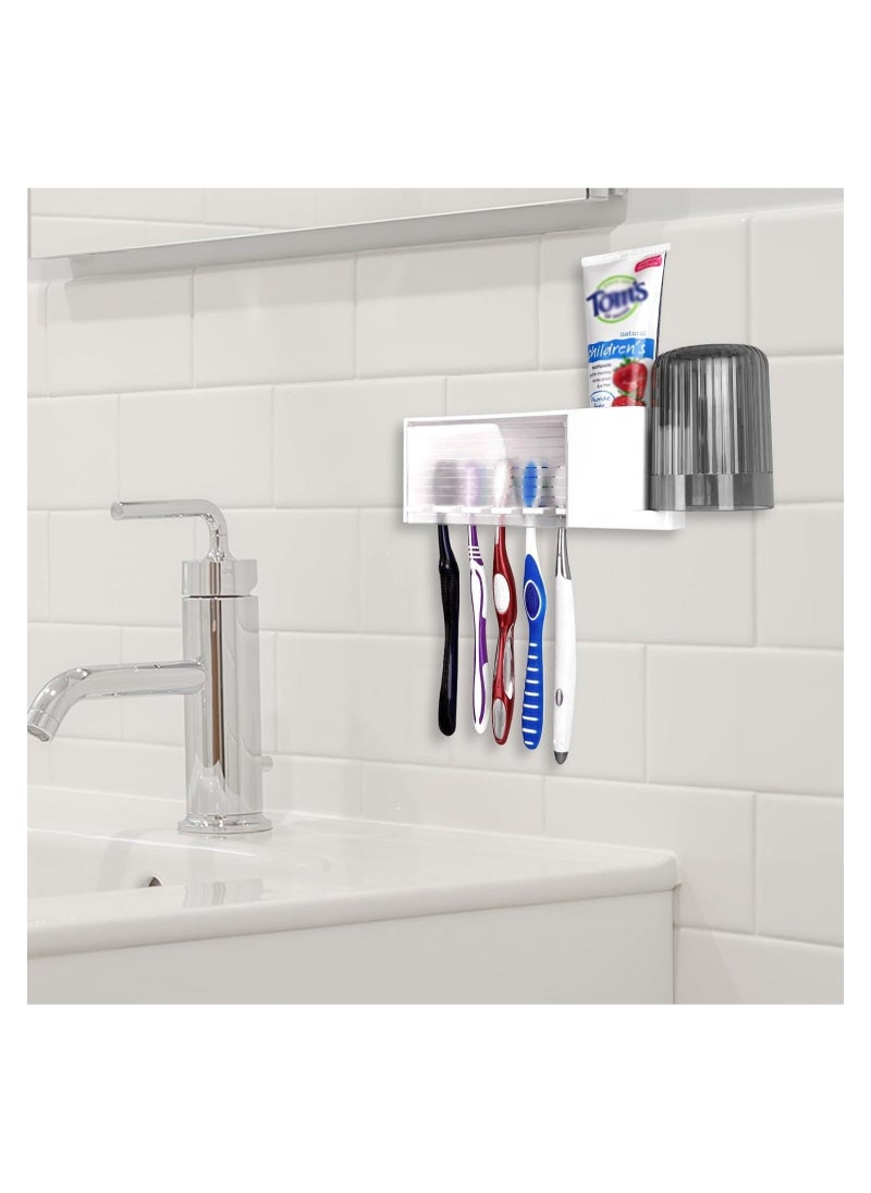 Captaintech Wallmount Toothbrush Holder, 5 Slots with Cover, Plastic Multifunctional Toothpaste Toothbrush Organizer, Compatible with Oral-B Cross Action, Colgate Renewal, for Shower, RV, Camper(White)  - Image 2