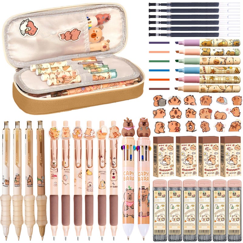 Daphilly Capybara Stationery Set,Cute Capybara School Supplies,Kawaii Stationery Birthday Gifts,Includes Ballpoint Pens,Eraser, Mechanical Pencils,Lead Refills,Gel Pens, Highlighter,for Office School Supplies - Image 1