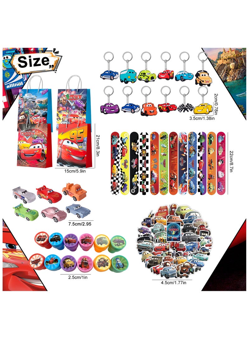 بيكسار هدايا حفلة عيد ميلاد سيارات لـ 12 ضيفًا، 110 قطعة حزمة هدايا حفلة سيارات شاملة تتضمن سلسلة مفاتيح بثيم لايتنينج ماكوين وأكياس ورقية وملصقات وأساور مطاطية ونموذج سيارة ختم وما إلى ذلك هدايا حفلة عيد ميلاد سيارات - Image 3