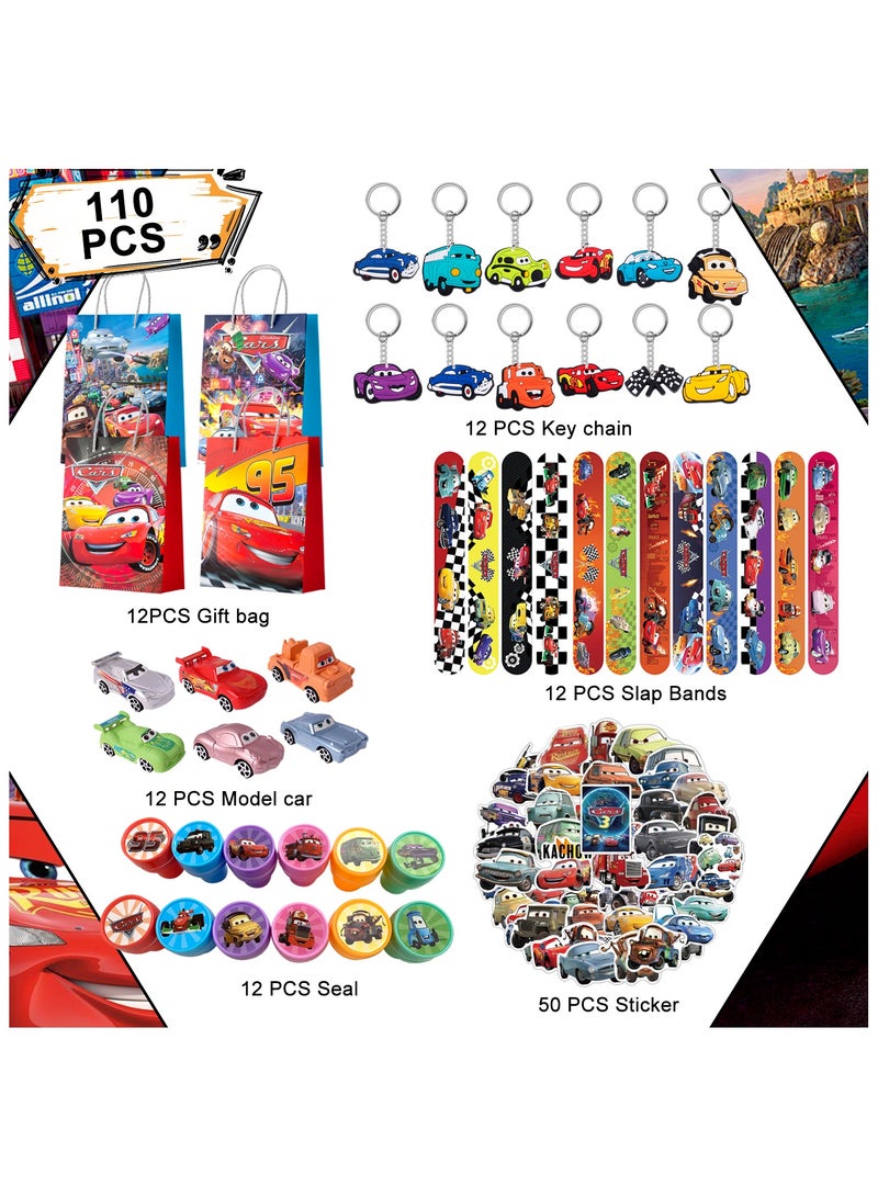 بيكسار هدايا حفلة عيد ميلاد سيارات لـ 12 ضيفًا، 110 قطعة حزمة هدايا حفلة سيارات شاملة تتضمن سلسلة مفاتيح بثيم لايتنينج ماكوين وأكياس ورقية وملصقات وأساور مطاطية ونموذج سيارة ختم وما إلى ذلك هدايا حفلة عيد ميلاد سيارات - Image 2