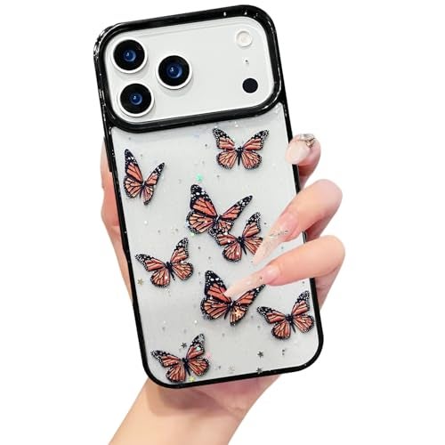 VONZEE Glitter Butterfly Back Cover Case Compatible with iPhone 17 Pro, Clear Cute Bling Sparkle Shiny Soft TPU Bumper Shockproof Women Girls Slim Protective Phone Cover for iPhone 17 Pro 6.3",Black - Image 1