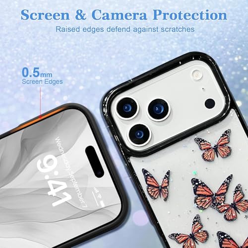 VONZEE Glitter Butterfly Back Cover Case Compatible with iPhone 17 Pro, Clear Cute Bling Sparkle Shiny Soft TPU Bumper Shockproof Women Girls Slim Protective Phone Cover for iPhone 17 Pro 6.3",Black - Image 5