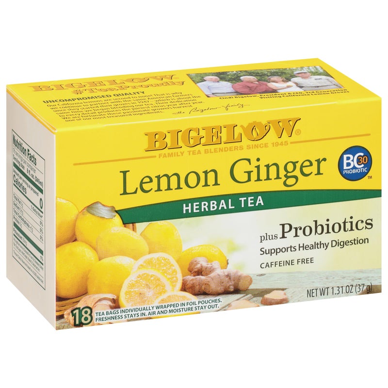 Bigelow Tea Lemon Ginger plus Probiotics Herbal Tea, Caffeine Free Tea, 18 Total Tea Bags (Pack of 1) - Image 1