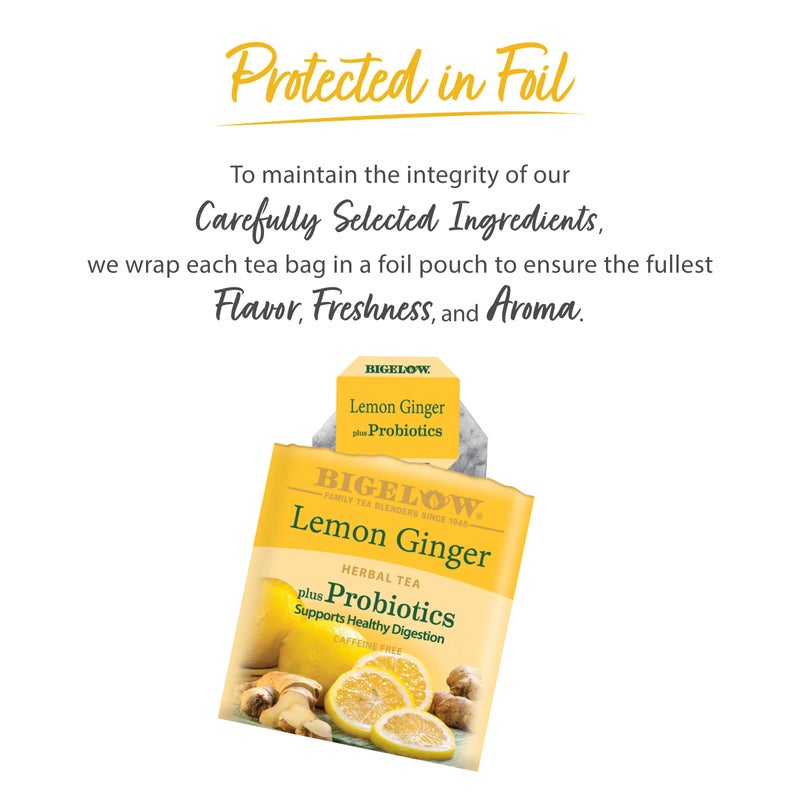 Bigelow Tea Lemon Ginger plus Probiotics Herbal Tea, Caffeine Free Tea, 18 Total Tea Bags (Pack of 1) - Image 3