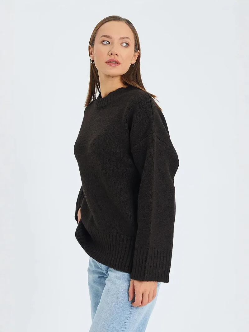 Mixray Coffee Brown Mixray Oversized Ribbed Knit Sweater with Crew Neck for Women | Best Price UAE