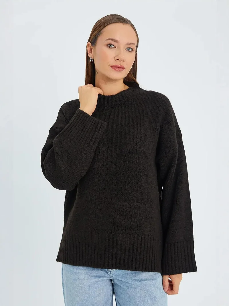 Mixray Coffee Brown Mixray Oversized Ribbed Knit Sweater with Crew Neck for Women | Best Price UAE