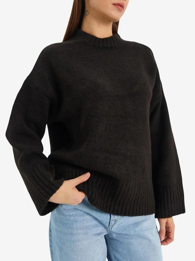 Mixray Coffee Brown Mixray Oversized Ribbed Knit Sweater with Crew Neck for Women | Best Price UAE