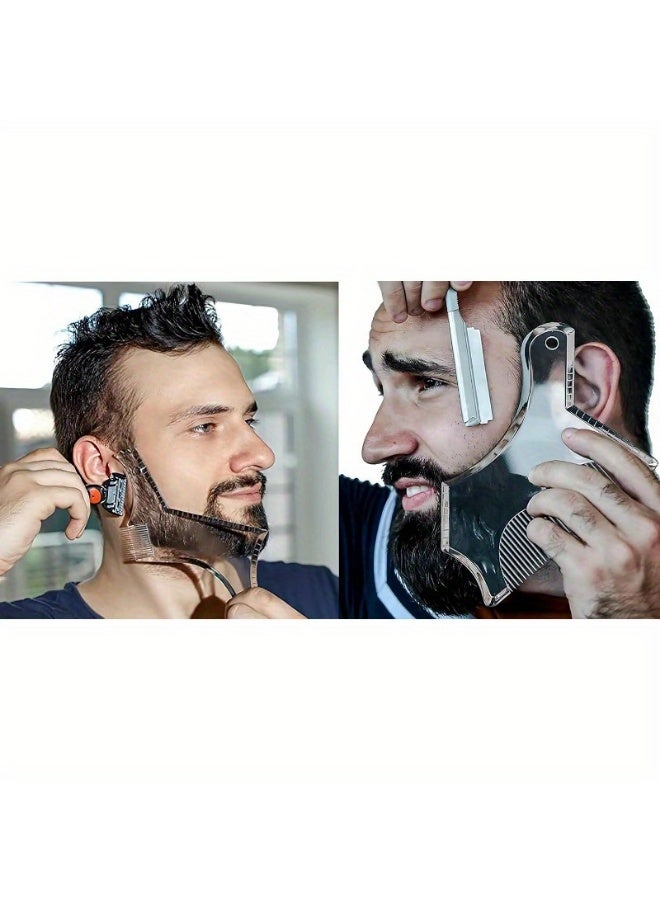2-piece men's beard shaping tool template, beard guide shaper with built-in comb, suitable for multi line edge shaving of curves/straight/neckline/goatee/sideburns (transparent -2-piece set) - Image 2