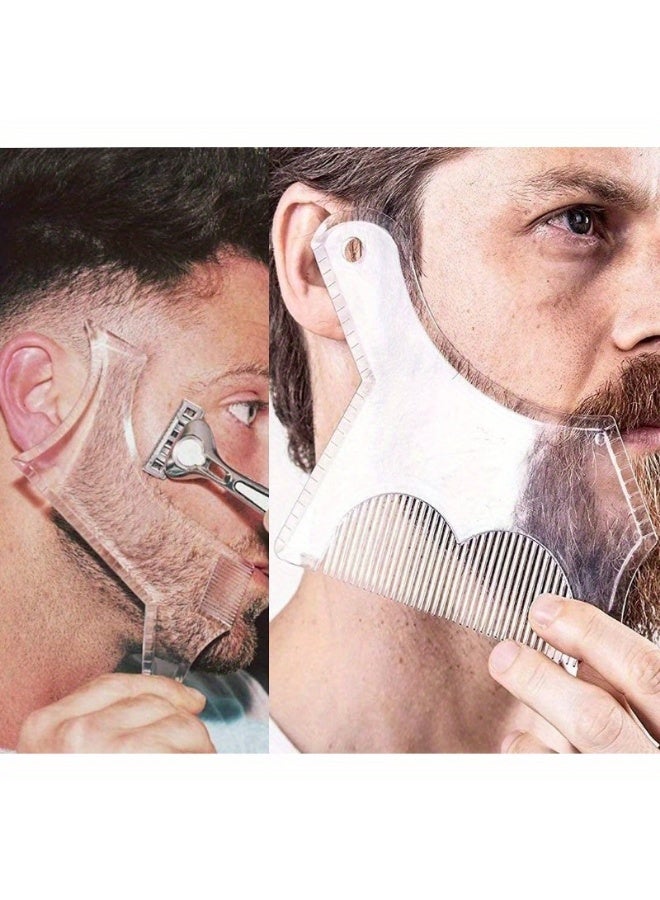 2-piece men's beard shaping tool template, beard guide shaper with built-in comb, suitable for multi line edge shaving of curves/straight/neckline/goatee/sideburns (transparent -2-piece set) - Image 1