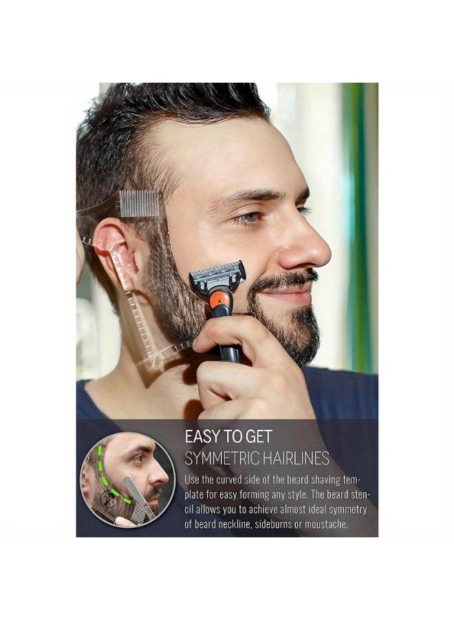 2-piece men's beard shaping tool template, beard guide shaper with built-in comb, suitable for multi line edge shaving of curves/straight/neckline/goatee/sideburns (transparent -2-piece set) - Image 5