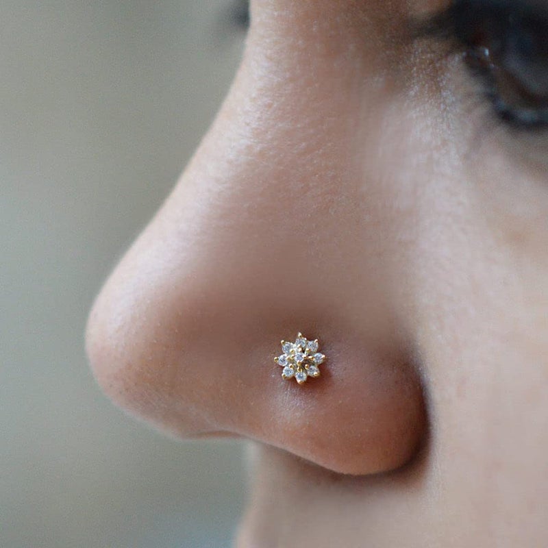 QWALIT Nose Studs 20g Diamond Nose Rings L-Shaped Flower Heart Ring Gold Surgical Steel - Image 2