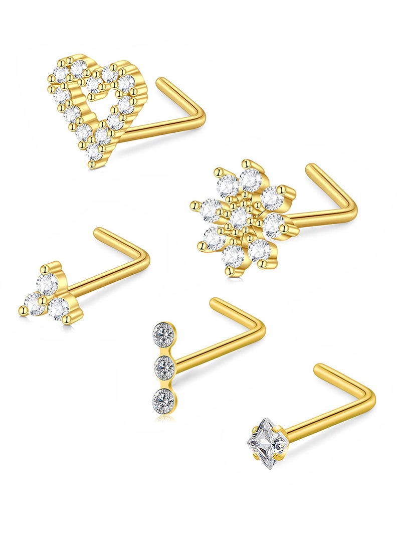 QWALIT Nose Studs 20g Diamond Nose Rings L-Shaped Flower Heart Ring Gold Surgical Steel - Image 1