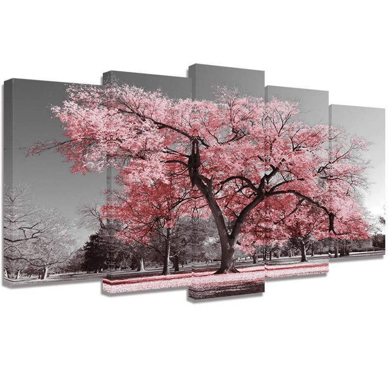 Visual Art Decor Large 5 Pieces Black and White Canvas Wall Art Pink Tree Landscape Picture Prints Framed and Stretched Painting Wall Decoration for Modern Living Room Office 5 Pieces