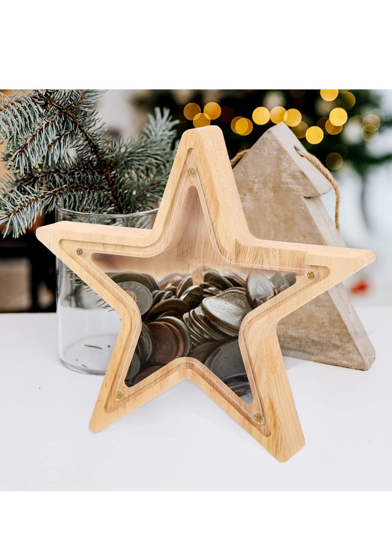 Excefore - Home Decor Wooden Money Bank Piggy Banks for Teenagers Star Shaped Coin Bank See Through Piggy Bank for Boys Girls Baby First Savings Bank Nursery Decoration Vintage Decor - Image 1