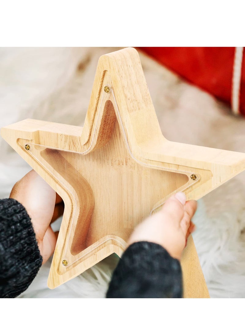 Excefore - Home Decor Wooden Money Bank Piggy Banks for Teenagers Star Shaped Coin Bank See Through Piggy Bank for Boys Girls Baby First Savings Bank Nursery Decoration Vintage Decor - Image 1
