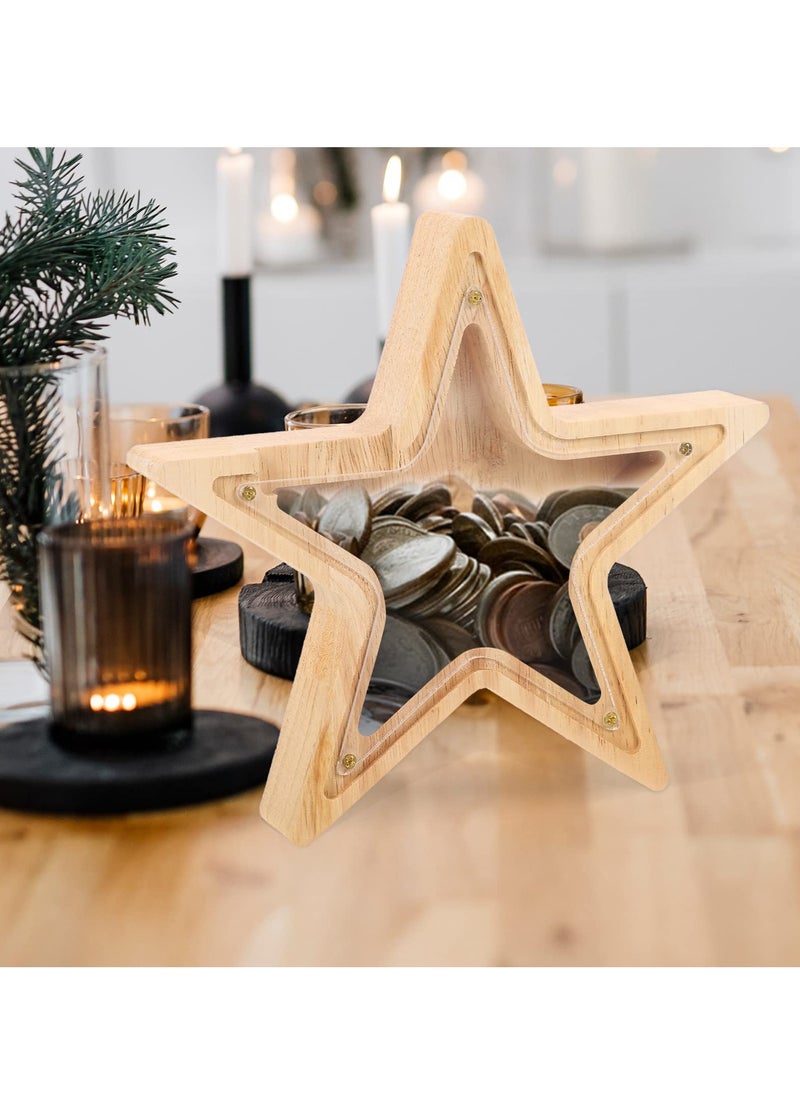 Excefore - Home Decor Wooden Money Bank Piggy Banks for Teenagers Star Shaped Coin Bank See Through Piggy Bank for Boys Girls Baby First Savings Bank Nursery Decoration Vintage Decor - Image 1