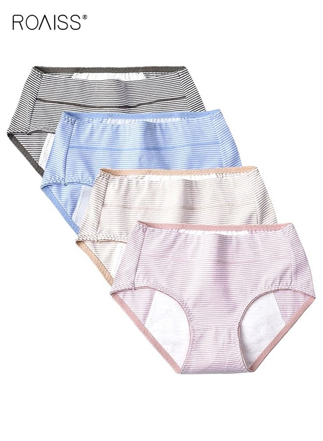رويس ملابس داخلية نسائية فسيولوجية من 4 قطع، ملابس داخلية نسائية مخططة متوسطة الارتفاع، مضادة للتسرب، مضادة للبكتيريا، قابلة للتنفس، قطنية، ملابس داخلية صحية متعددة الألوان - Image 1