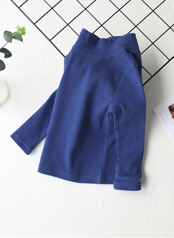 Loquat Kid's Solid Color Half High Collar Long Sleeve Tees Cotton Basic Base Shirt Dark Blue