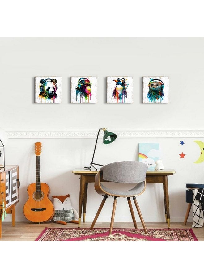 YOOOAHU Colorful Animal Wall Art Funny Cute Bear Monkey with Headphone Canvas Prints Pictures Nursery Room Decor Cartoon Penguin Panda Paintings Artwork for Kids Bedroom Bathrooom Home Decoration 12x12” 4 Pcs  - Image 3