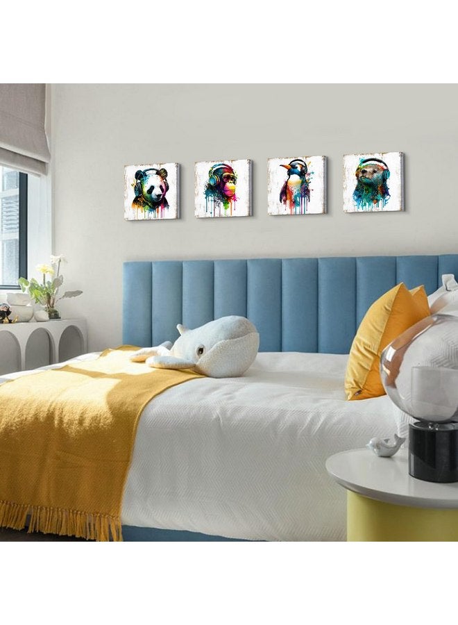 YOOOAHU Colorful Animal Wall Art Funny Cute Bear Monkey with Headphone Canvas Prints Pictures Nursery Room Decor Cartoon Penguin Panda Paintings Artwork for Kids Bedroom Bathrooom Home Decoration 12x12” 4 Pcs  - Image 4
