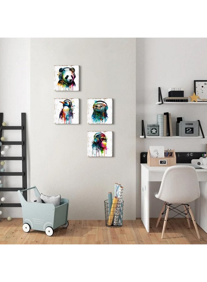 YOOOAHU Colorful Animal Wall Art Funny Cute Bear Monkey with Headphone Canvas Prints Pictures Nursery Room Decor Cartoon Penguin Panda Paintings Artwork for Kids Bedroom Bathrooom Home Decoration 12x12” 4 Pcs  - Image 2