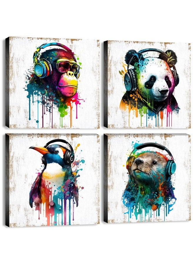 YOOOAHU Colorful Animal Wall Art Funny Cute Bear Monkey with Headphone Canvas Prints Pictures Nursery Room Decor Cartoon Penguin Panda Paintings Artwork for Kids Bedroom Bathrooom Home Decoration 12x12” 4 Pcs  - Image 1