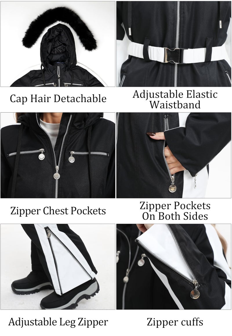 BenBoy Womens Snow Ski Suit Snowsuits Winter Warm Outdoor Snowboard Bibs Jumpsuits Waterproof Removable Collar Coat,HXK9196W-Black-L