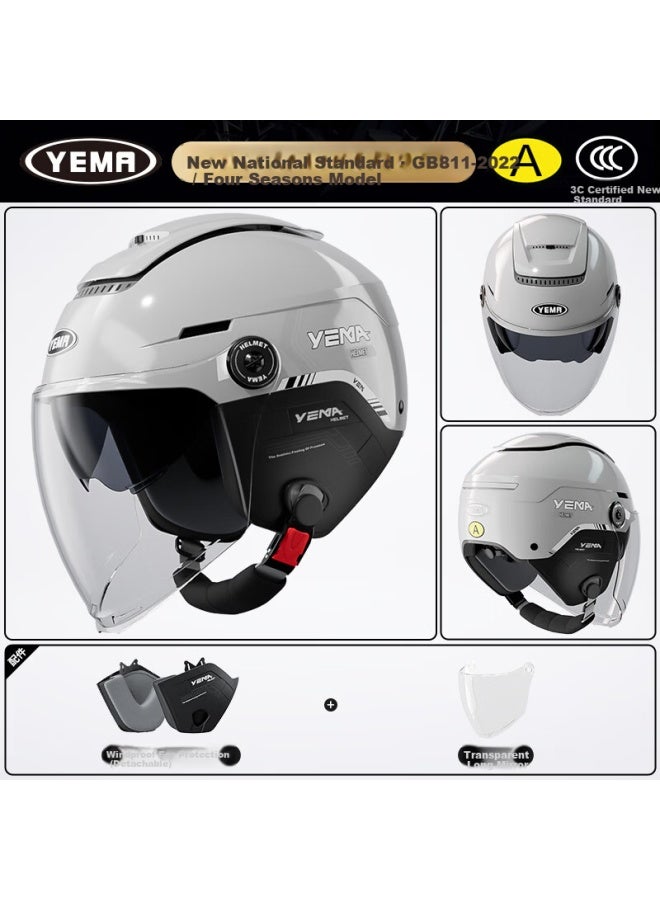 Yema 3c Certified Electric Motorcycle Helmet Uni Half Helmet Winter Warm Four Seasons Universal Dual Lens Zero-gravity Sunroof Electric Scooter Safety Helmet 370s Cool Gray With Transparent Long Le - Image 1
